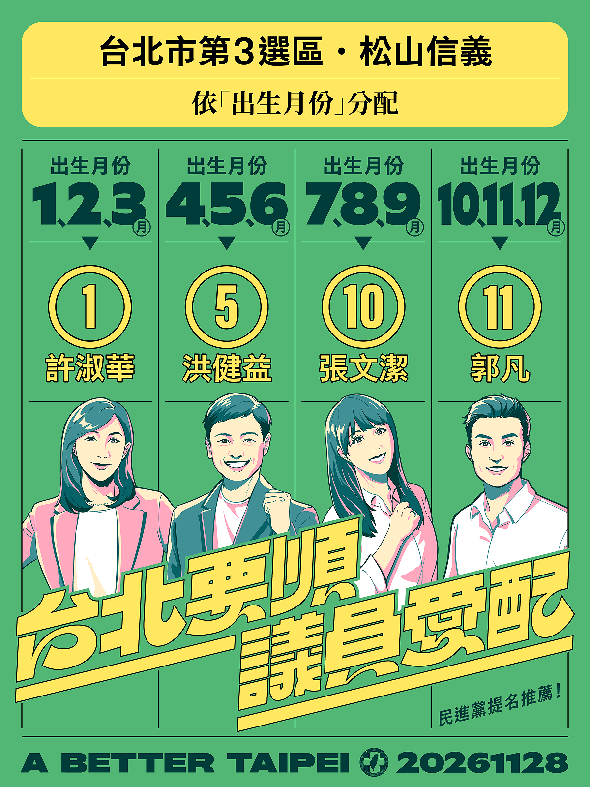 民進黨台北市議員配票指南。 圖：民進黨台北市黨部提供
