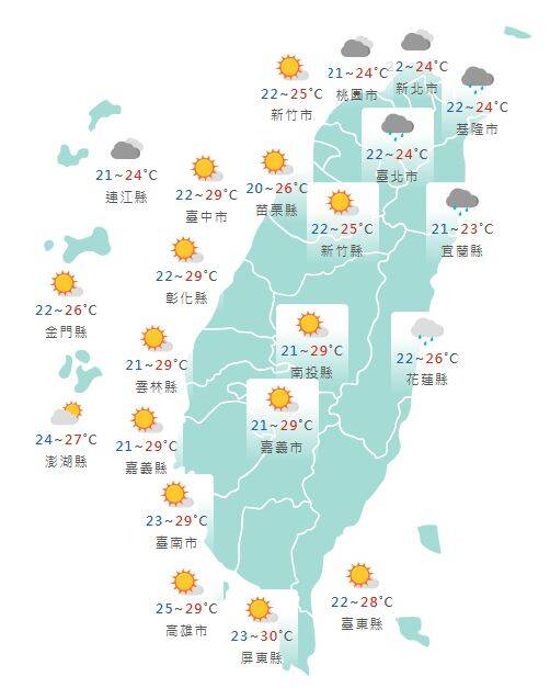 氣象署公布各地天氣預報概況。 圖：氣象署提供