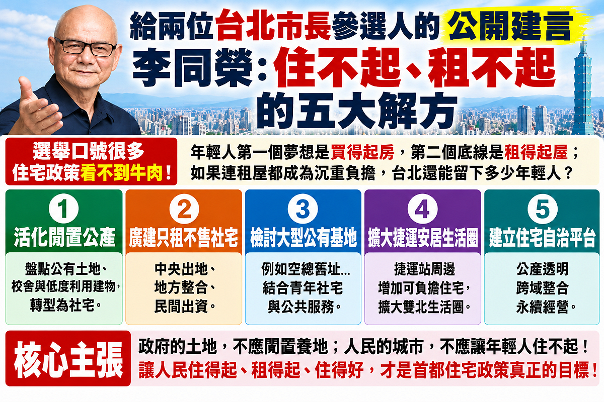 買不起也租不起！李同榮向北市長參選人喊話 揭居住問題五大解方