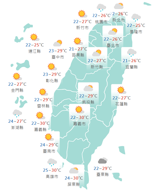 氣象署公布各地天氣預報概況。 圖：氣象署提供