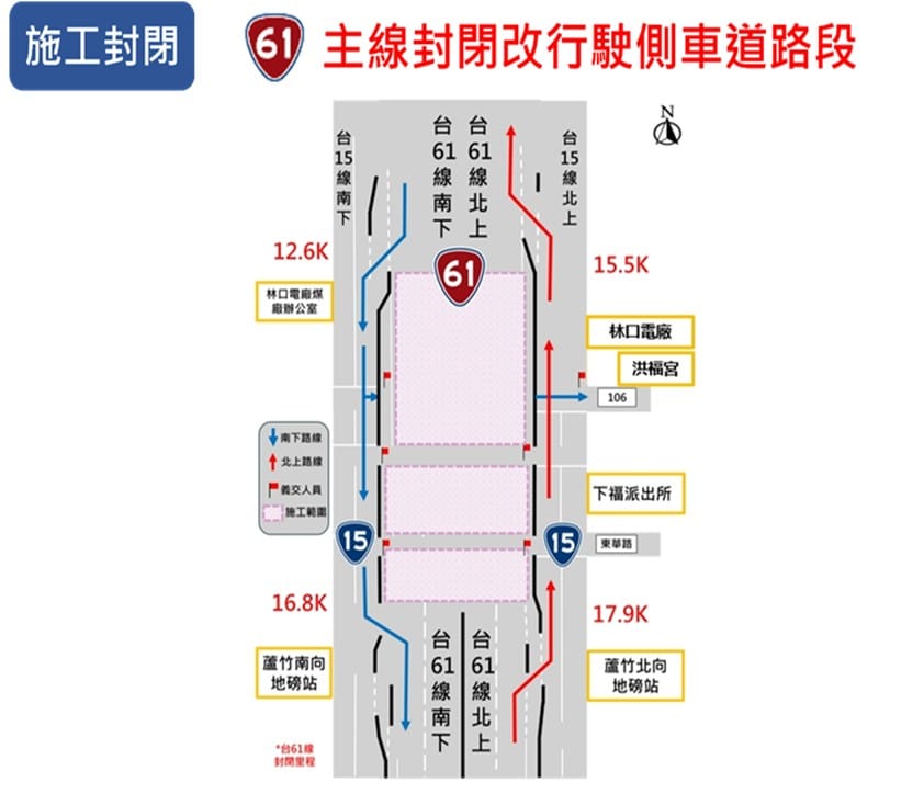 圖2-台61線林口路段施工封閉路段改道圖。 圖：公路局／提供