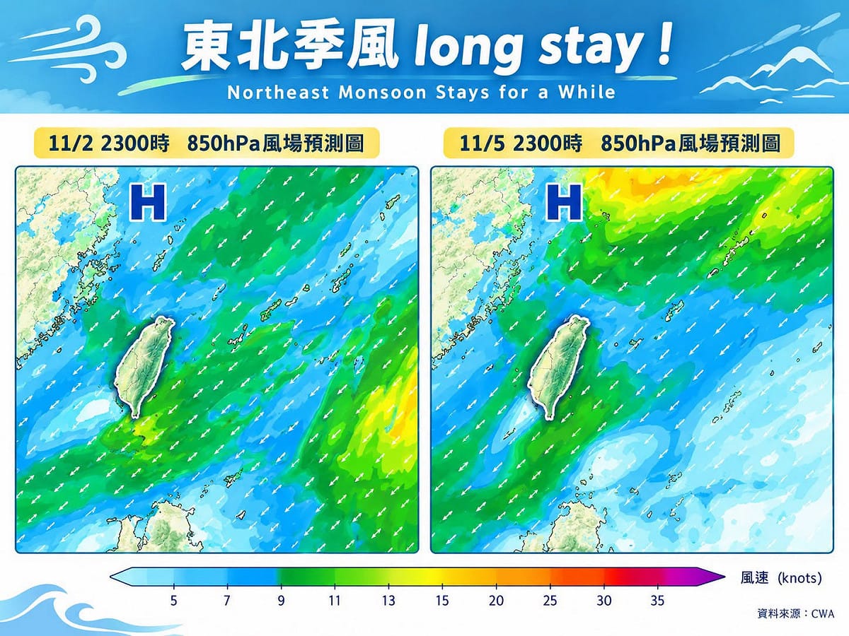下週還有2波東北季風報到，首波將於11月2日、第二波則於11月5日開始，屆時北部和東半部天氣將轉雨，低溫下探20度。 圖：取自林老師氣象站