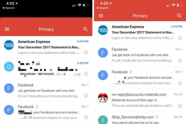 更新前，iPhone X出現「黑邊」的Gmail（左）與更新後（右）的畫面對比。 圖：翻攝自 Mac Rumors