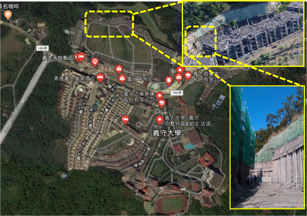 高雄市政府表示，院已判決義聯集團確實有大量違章建築情事，未來仍將堅持捍衛公安之立場，不容義聯集團違法開發。紅圈處為認定違法開發部分。 圖 : 高雄市政府/提供