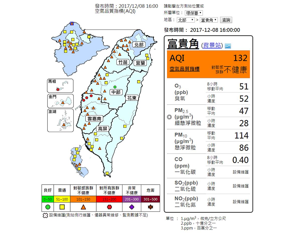 根據環保署16時更新數據，中南部地區空氣品質AQI已出現橘、紅燈警示。 圖：環保署空氣品質監測網