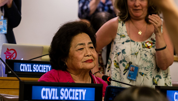 85歲的瑟羅節子是1945年廣島原子彈轟炸的倖存者，如今致加反核運動。 圖：翻攝國際廢除核武器運動官網