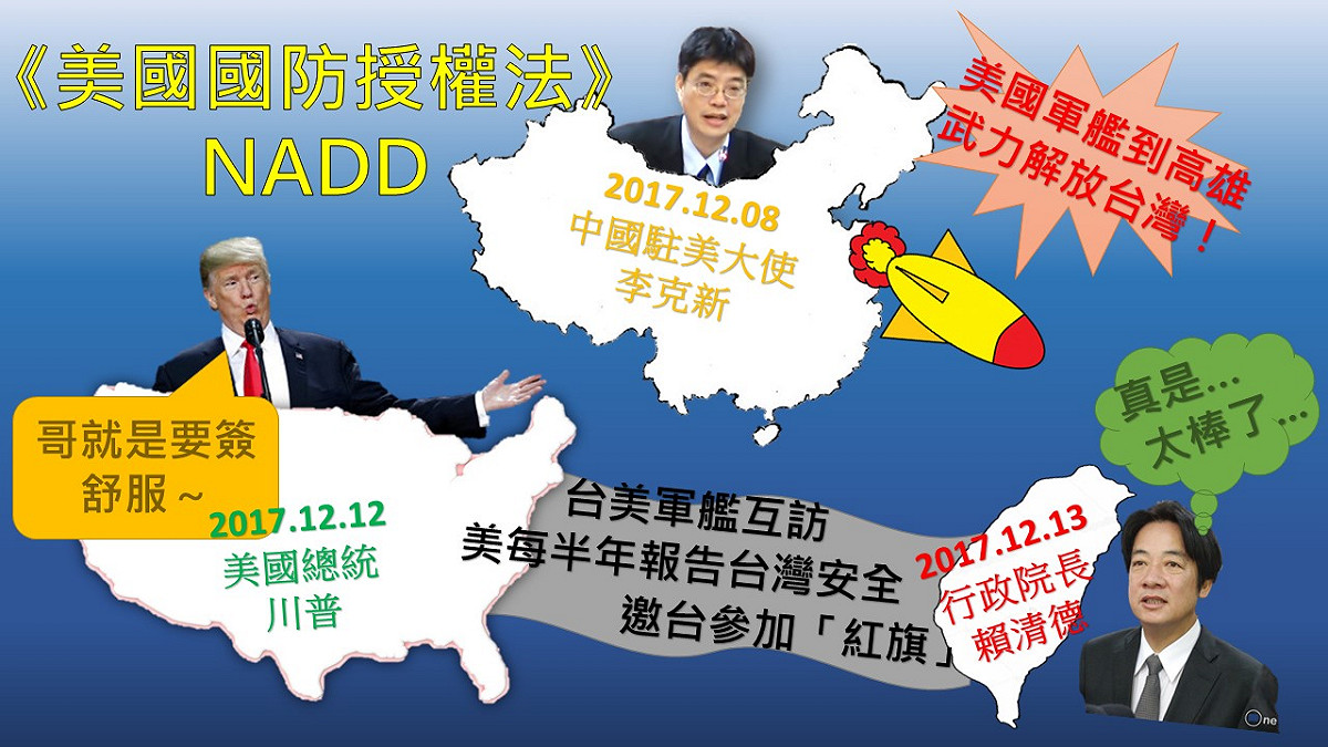 美國總統川普日前簽署「2018財政年度國防授權法」（NDAA），其中對台灣的影響部份重大，包括擬台美軍艦互訪、邀請台灣參加「紅旗」演習，以及國務院需每半年報告台灣的安全關係。 圖：新頭殼/製圖