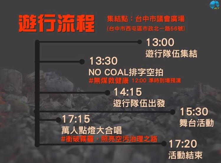 12/17台中反空污大遊行流程。 圖：取自台灣健康空氣行動聯盟臉書