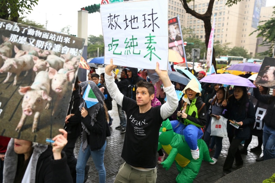 台灣有史以來第一次舉辦的動物權遊行，希望能喚起民眾對於牛、豬、雞等動物的關注，並了解茹素對動物與環境的幫助。 圖：純素30天/提供