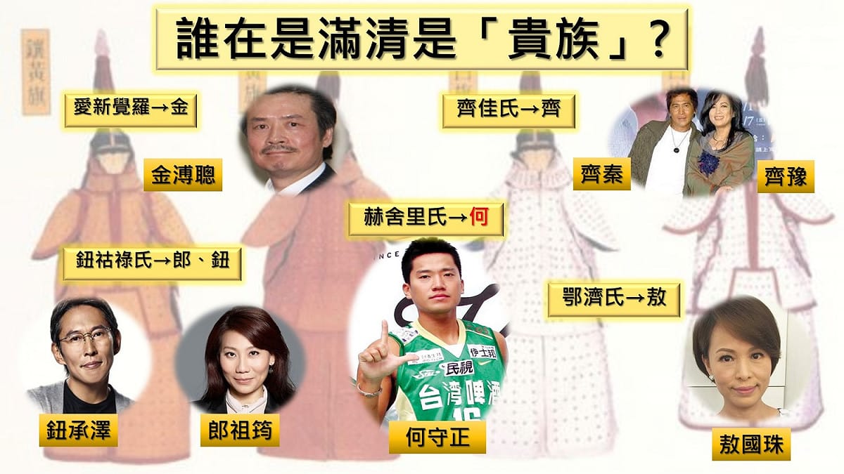 清朝八大姓氏因大清滅亡紛紛改為漢姓，帝姓的愛新覺羅改為「金」；最顯貴的齊佳氏改姓「齊」；最古老的鈷祿氏改為「鈕」，又因滿文有狼之意，也有人改為「郎」等等，而「何」則是從赫舍里氏這個姓氏演變。在台灣，金溥聰、鈕承澤、郎祖筠等人都是有名的「滿清貴族」後裔。 圖：潘毅／製表