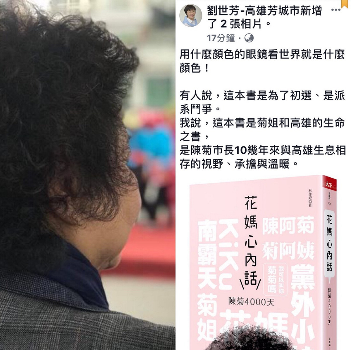 針對高雄市長陳菊出書爆料從政秘辛，外界認為是暗助有意參選高雄市長的民進黨立委劉世芳選情，對此，劉世芳今（20）日在臉書上發文表示，「有人說這本書是為了初選、是派系鬥爭，我說，這本書是菊姐和高雄的生命之書，是陳菊市長10幾年來與高雄生息相存的視野、承擔與溫暖。」 圖：翻攝自劉世芳臉書