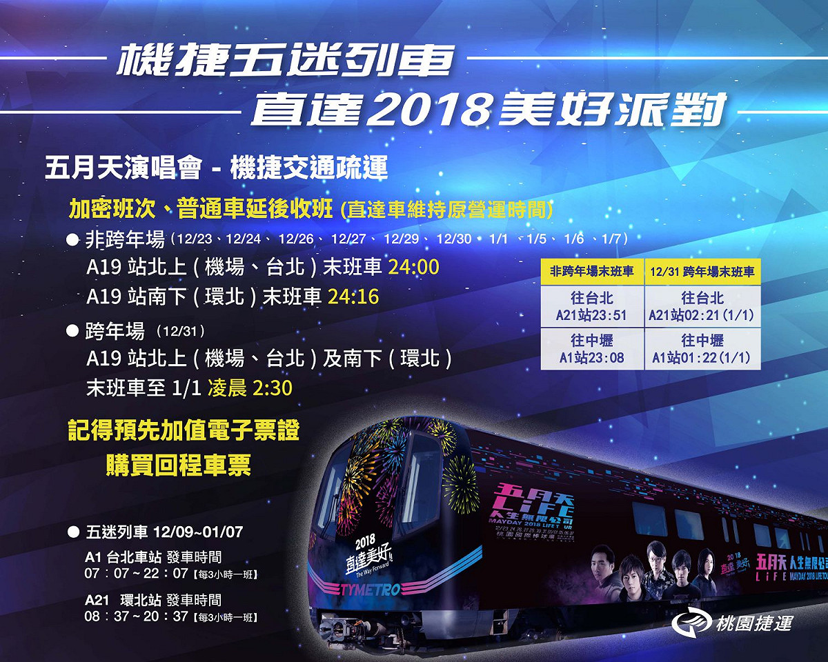 桃園捷運公司公布「五月天演唱會乘車攻略」，疏解人潮。