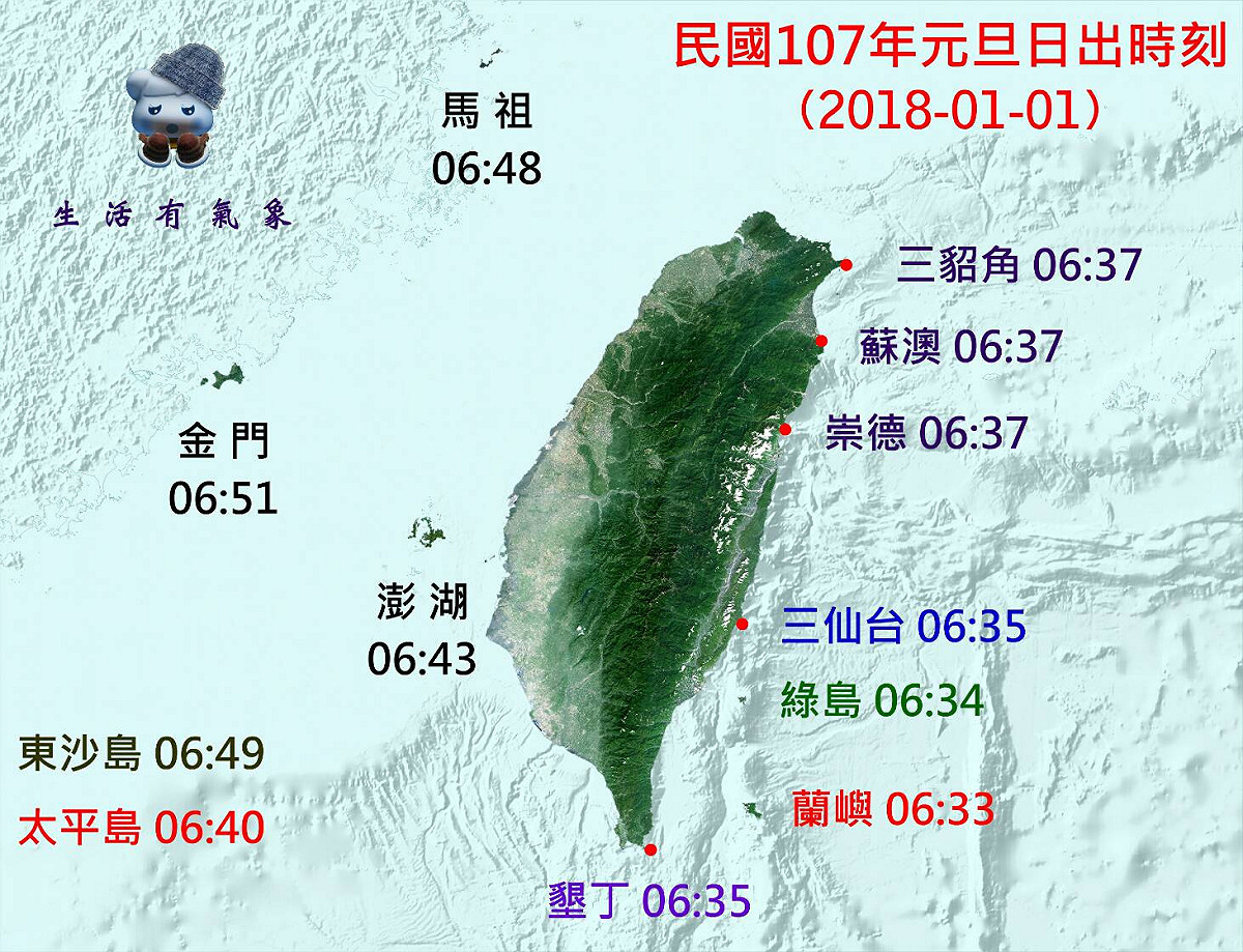 中央氣象局整理出2018年日出時間，其中包括了台北天文館未公布的三貂角、崇德、金門、馬祖、東沙島及太平島。 圖：中央氣象局/提供