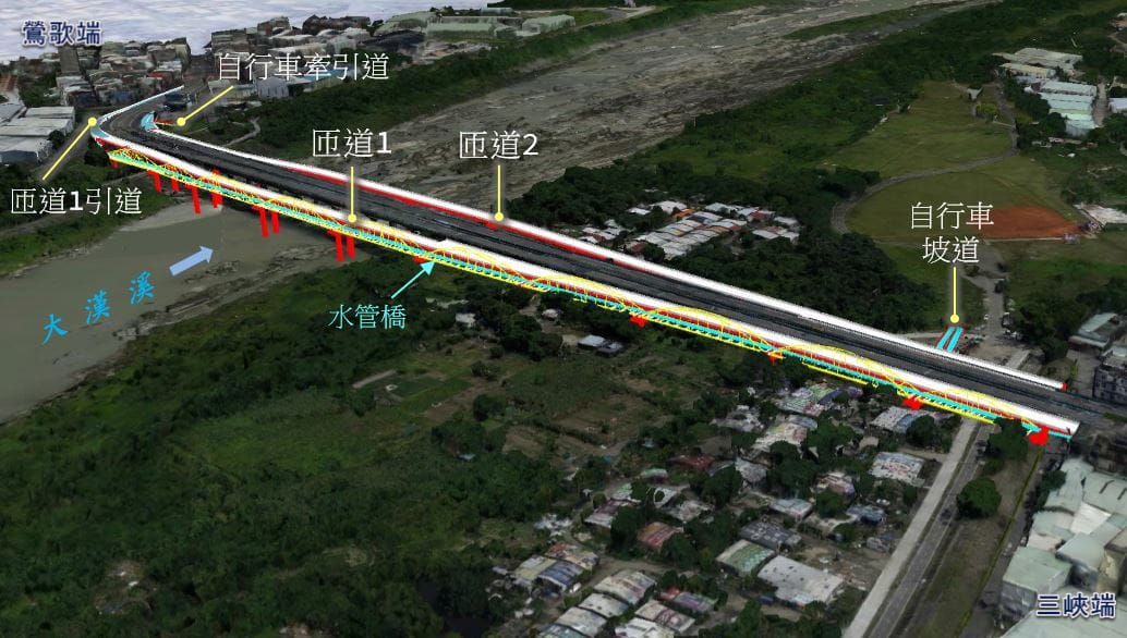 三鶯地區民眾盼望多時的新北市三鶯大橋改建，於今 (26) 天舉行第一段改建動土典禮，將在原橋上下游設置匝道橋，並設置人行道與自行車道，預計將大大降低汽、機車、行人爭道的情形，預計在109年1月前完工。 圖 : 新北市政府 / 提供