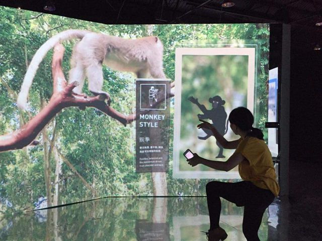 「仿生體感幻影鏡屋」，用kinect體感科技與沉浸式投影方式，讓人彷彿置身在各種生態中，幻化成猴子、老虎等，打著不同的動物拳法，體驗古代拳法來自於對生物的觀察。 圖：高雄市文化局/提供