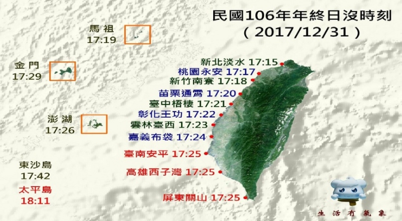 106年年終日沒時刻。 圖：取自中央氣象局