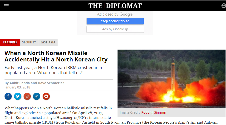《外交家》雜誌爆料朝鮮去年4月試射火星12型飛彈失敗，升空1分鐘即墜落，反而炸到德川市。 圖：翻攝《外交家》