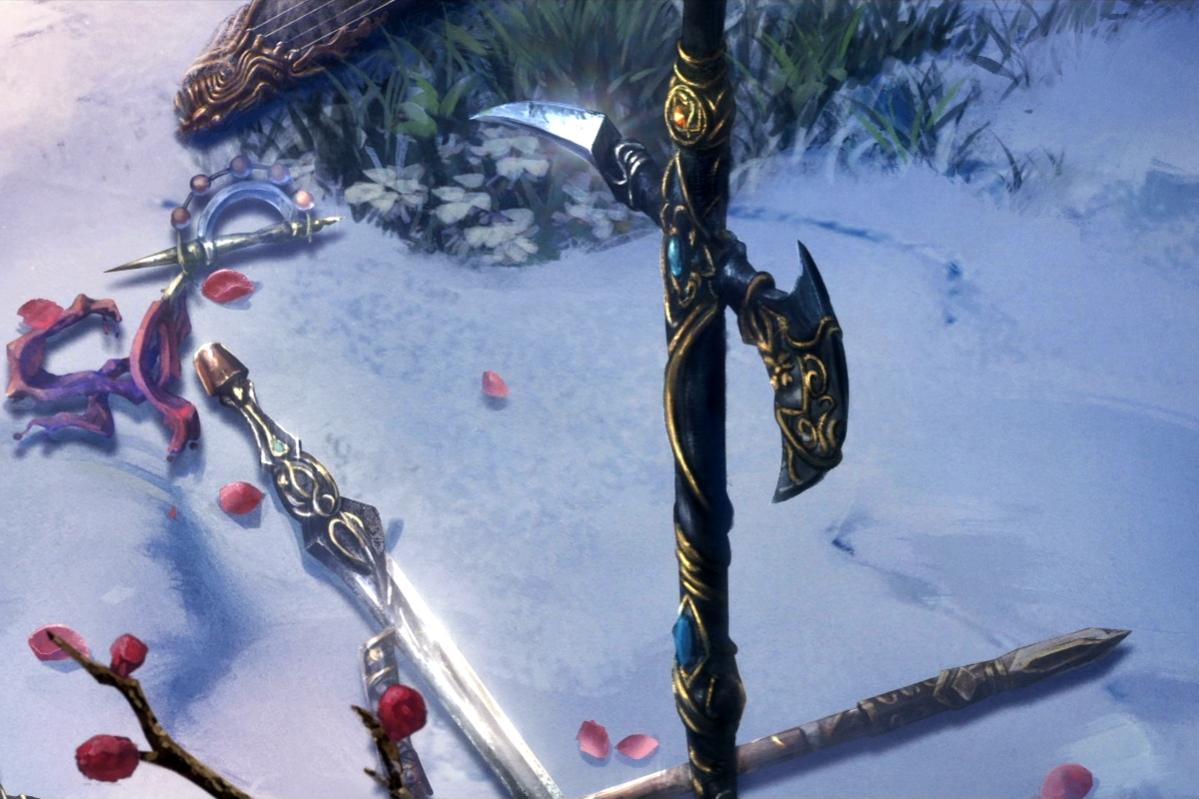 各種武俠門派的招牌武器碎散在風雪之中。 圖：翻攝自 劍網3官方視頻 bilibili頻道