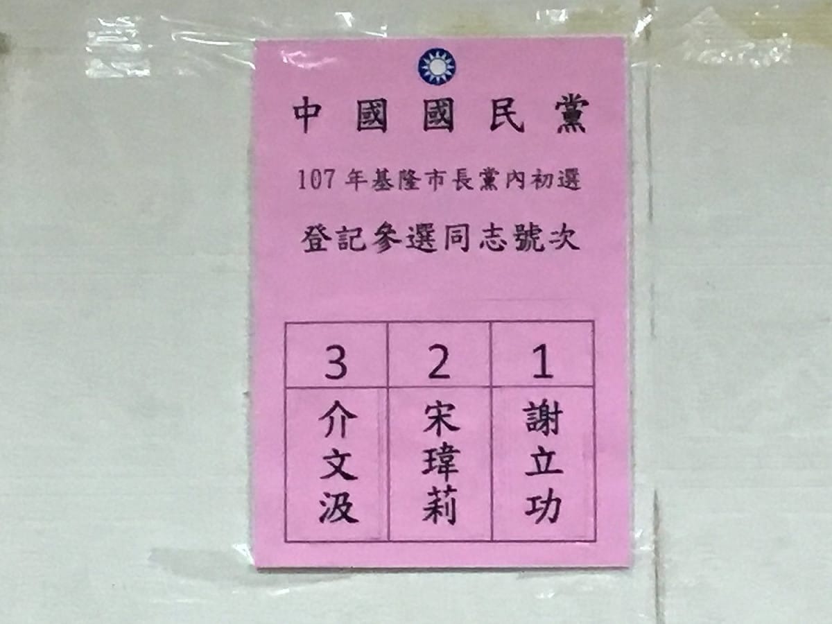 3人抽籤號碼分別為1號謝立功、2號宋瑋莉、3號介文汲。 圖：翻攝基隆KMT臉書