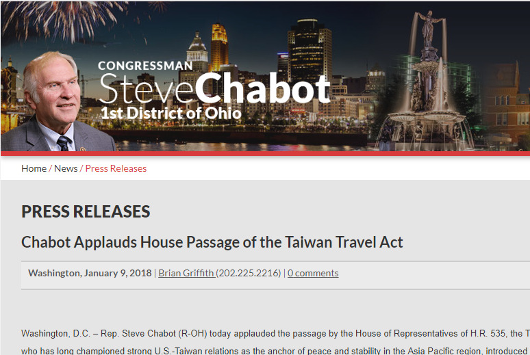 美國眾議院通過《台灣旅行法》（HR 535），發起人眾議員夏波說，現在是改變的時刻了。 圖：翻攝美國眾議院官網