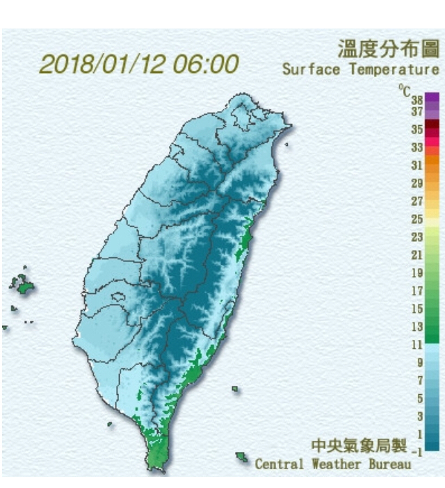 1月12日各地氣溫預測。全台低溫藍成一片，像是冰蕃薯了。全台有感的藍色系範圍幾乎涵括全台灣，只有澎湖和恆春半島例外。 圖：翻攝自氣象局