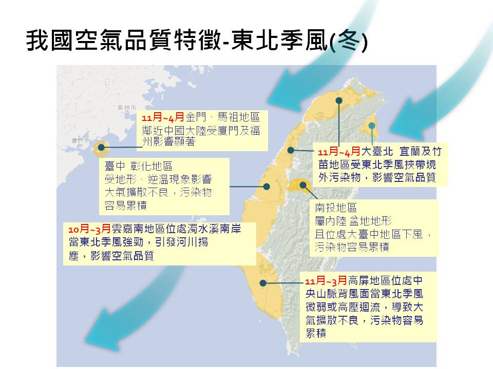 台灣冬季吹東北季風時空氣品質特徵。 圖：環保署監資處提供