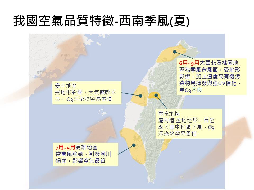 台灣夏季吹西南季風時空氣品質特徵。 圖：環保署監資處提供