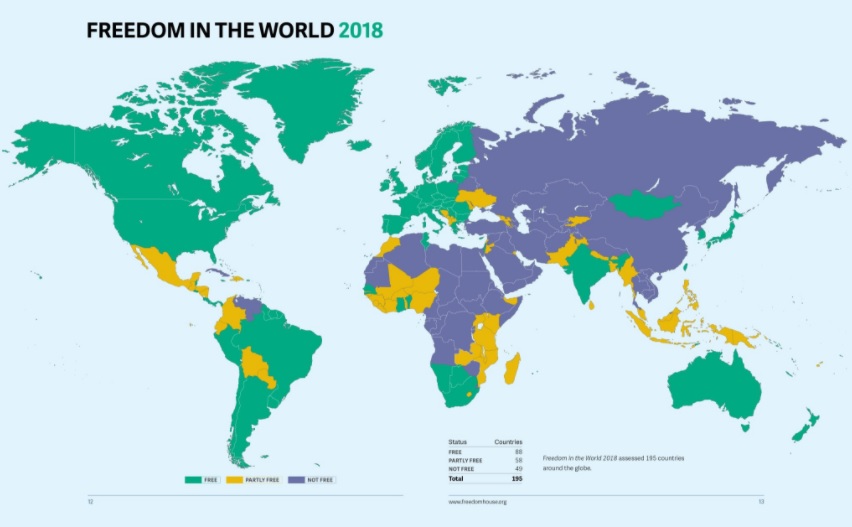 非政府組織自由之家（Freedom House）16日公布2018年全球自由度報告。    圖：翻攝Freedom House官網