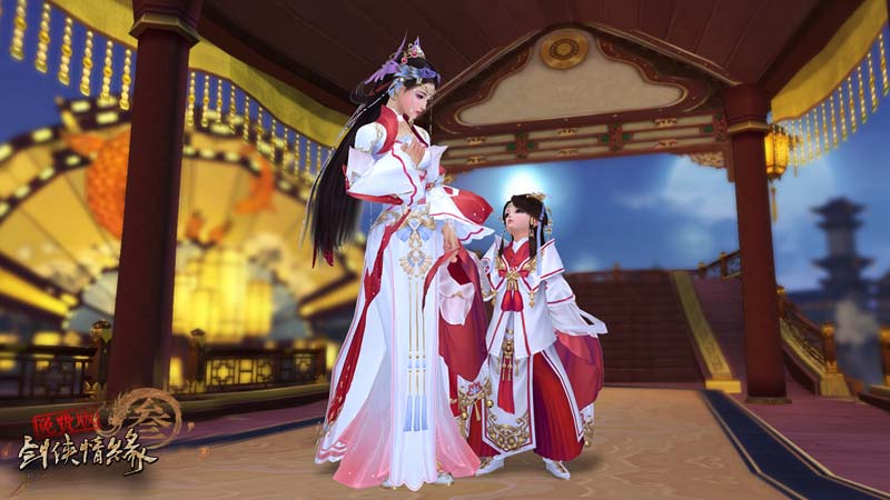 「袖手昇平禮盒」內包含不綁定的情侶禮服與配套黑髮，穿上禮服還可使用相依相偎的交互動作，穿著此服裝時還可帶領小隊成員進入專屬場景「天街燈市」。 圖：網銀國際/提供