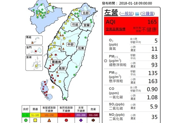 高雄今天空品惡化，幾乎全面達到紅害。 圖：翻攝環保署