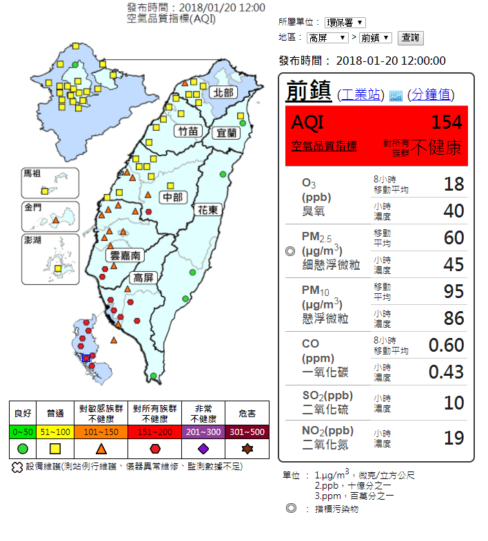 12時中部以南地區15測站皆呈現紅燈警示。 圖：環保署空氣品質監測網