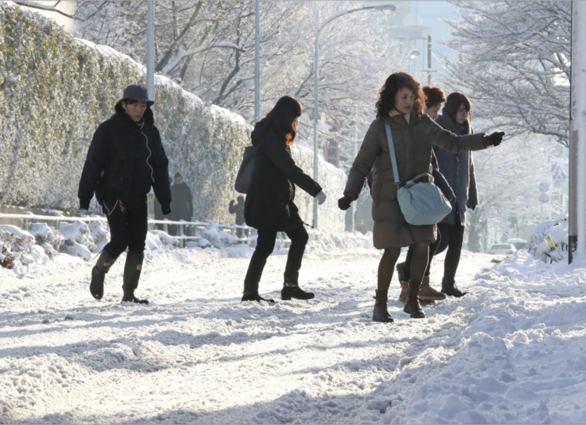 東京都22日降下4年罕見的大雪，積雪逾20公分。目前東京都內還有許多地方積雪未融。 圖：達志影像/美聯社