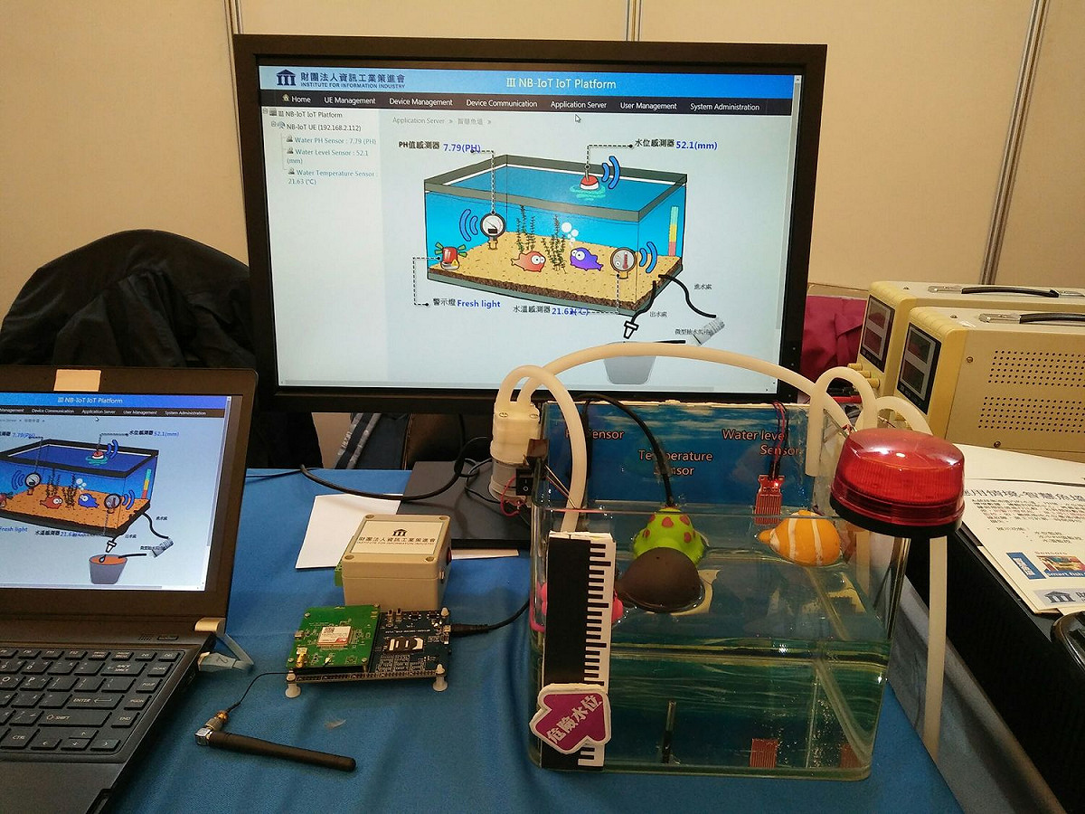 資策會系統所藉由智慧魚塭之情境，展示NB-IoT進行水質、水位、水溫監控等聯網應用，提供完整的NB-IoT系統整體解決方案，促進廣域物聯網產業之應用與發展。
 圖：資策會/提供