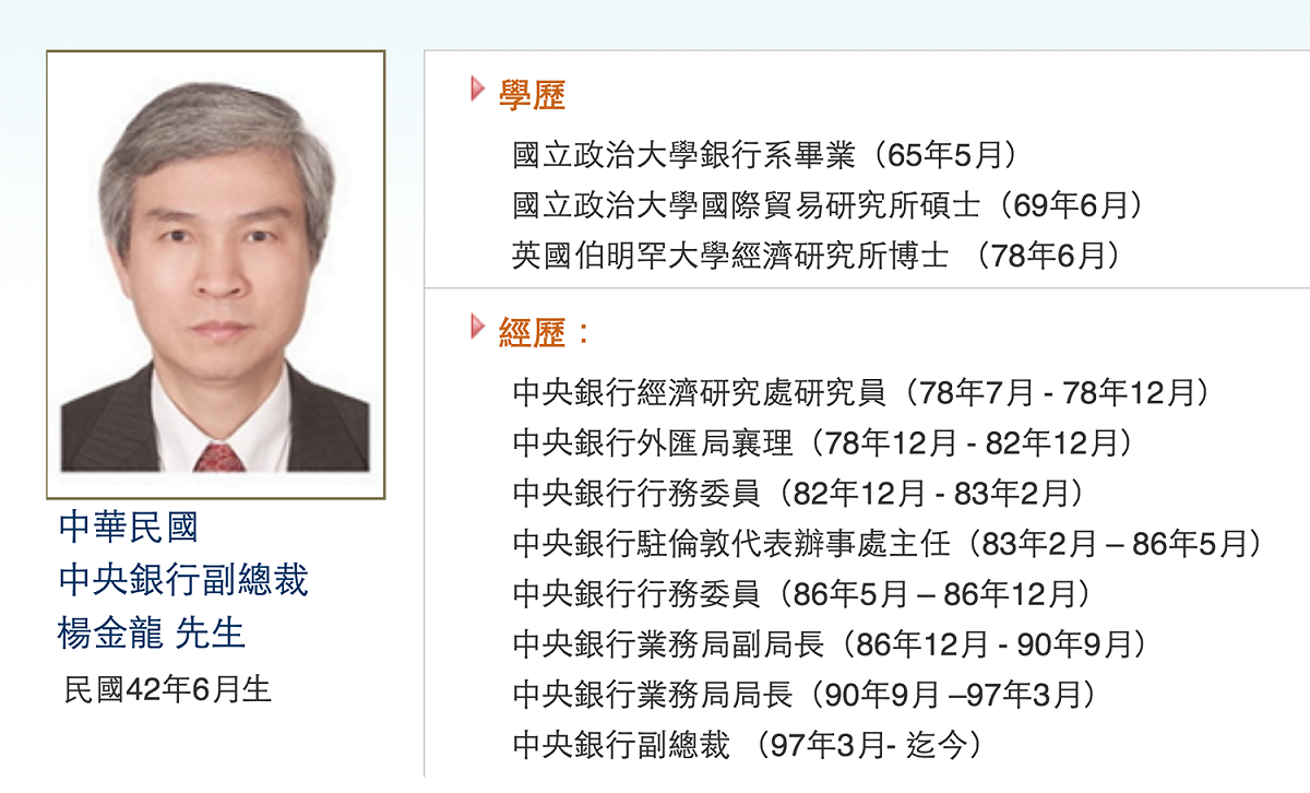 中央銀行總裁彭淮南將於2月25日退休，知情人士今天證實，新任央行總裁擬由央行副總裁楊金龍升任。 圖：翻攝自中央銀行網站