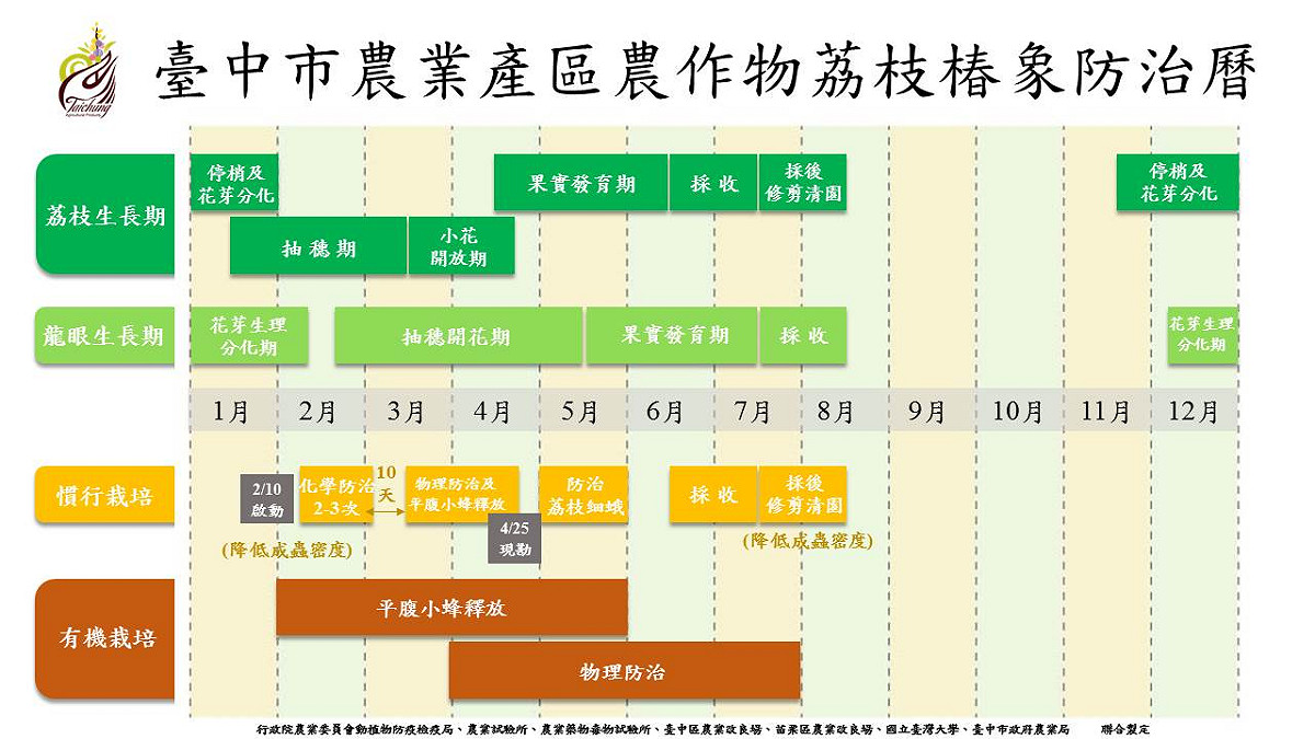 台中市農業局製作「107年度台中市農業產區農作物荔枝椿象防治曆」要全面防蟲！ 圖：台中市農業局/提供
