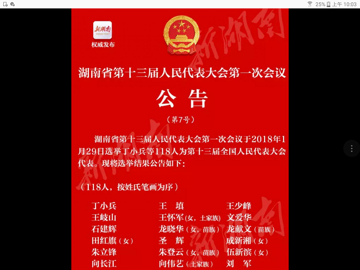 湖南省第13屆人民代表大會第一次會議於2018年1月29日召開，選出118名第13屆全國人大代表，名單中包括中共中央政治局前常委、中紀委前書記王岐山。 圖：翻攝自新湖南網