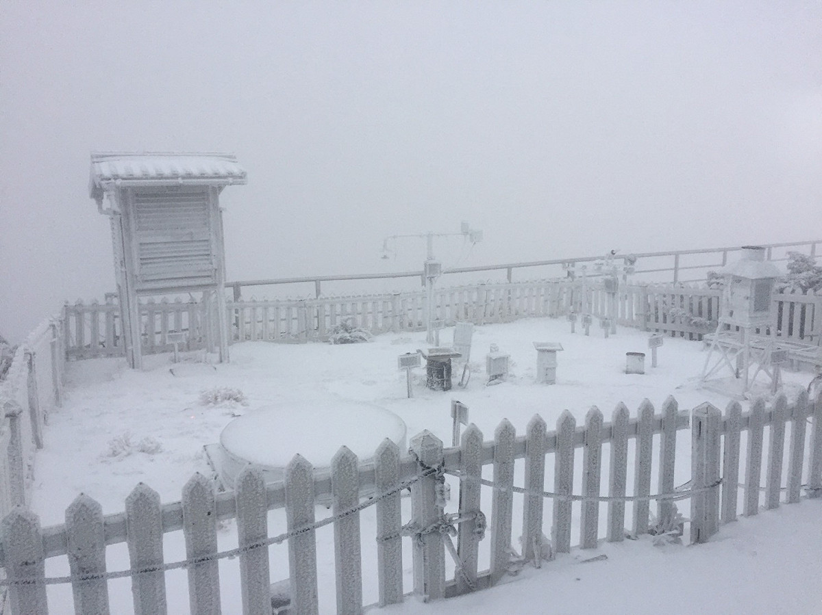 玉管處說明，玉山地區的排雲山莊自今日零晨3點30分開始飄雪至5點20分停止降雪，積雪近5公分左右。 圖：中央氣象局