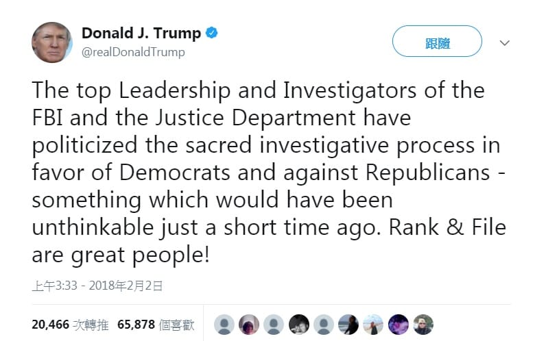 美國總統川普今天在推特指控司法部與聯邦調查局（FBI）高層在政治立場上偏袒民主黨人，將通俄門調查政治化。 圖：翻攝川普推特