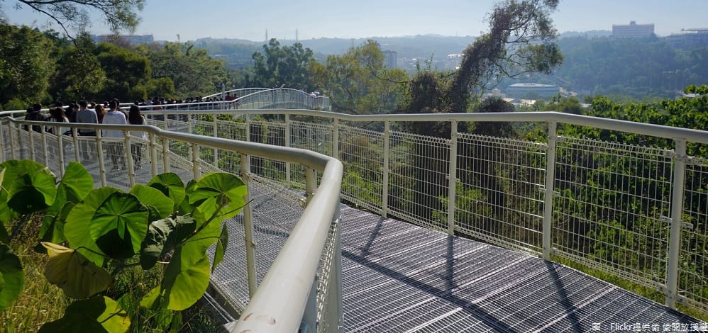 依傍著八卦山建造的天空步道，總長度1,005公尺，讓你可近距離觀察樹冠層生態之美，且沒有林木遮掩，設計上綜合點、線、面的分布，連結了大佛、生態池、棒球場、忠烈祠、彰化藝術高中及彰化生活美學館等景點。 圖：Flickr提供偷 偷開放授權