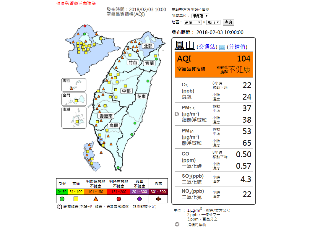 西半部受境外移入汙染物影響，PM2.5濃度高。 圖：環保署空氣品質監測網