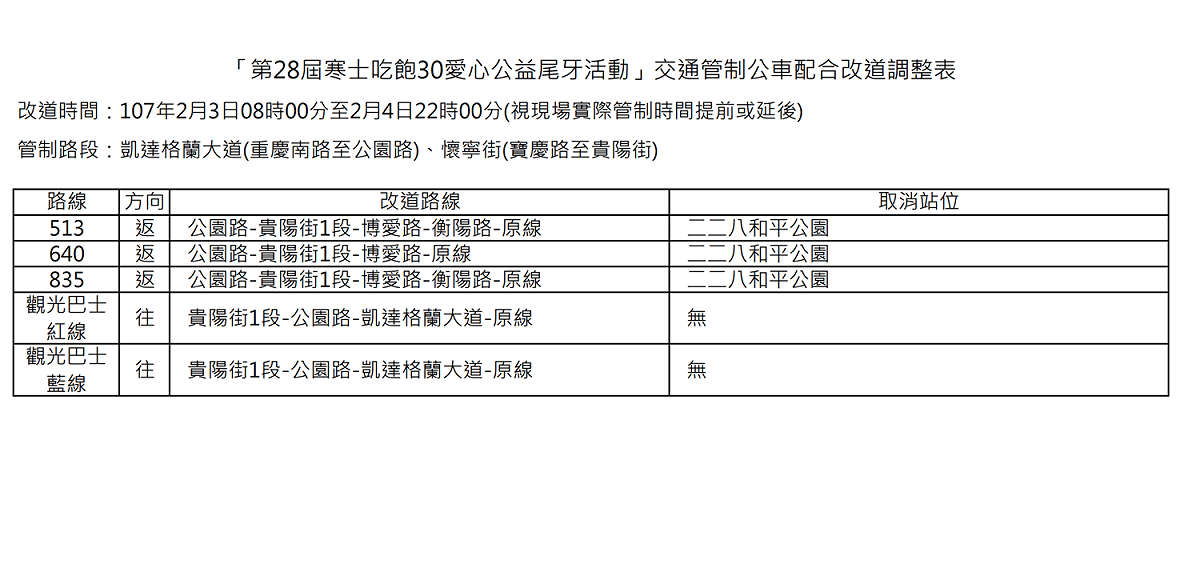 因應寒士尾牙活動，部分公車將配合改道。 圖：台北市交通局/提供