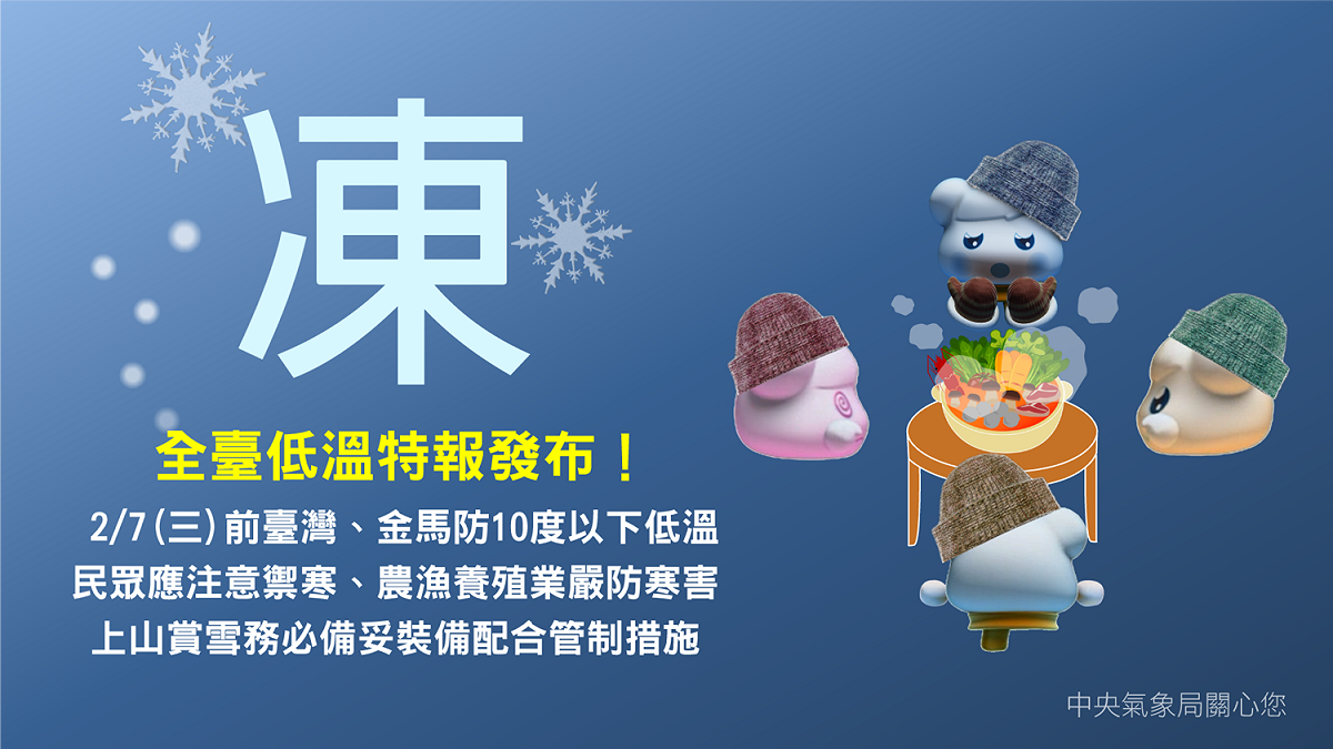 中央氣象局持續發布低溫特報，提醒大家這波寒流真的很冷！ 圖：中央氣象局