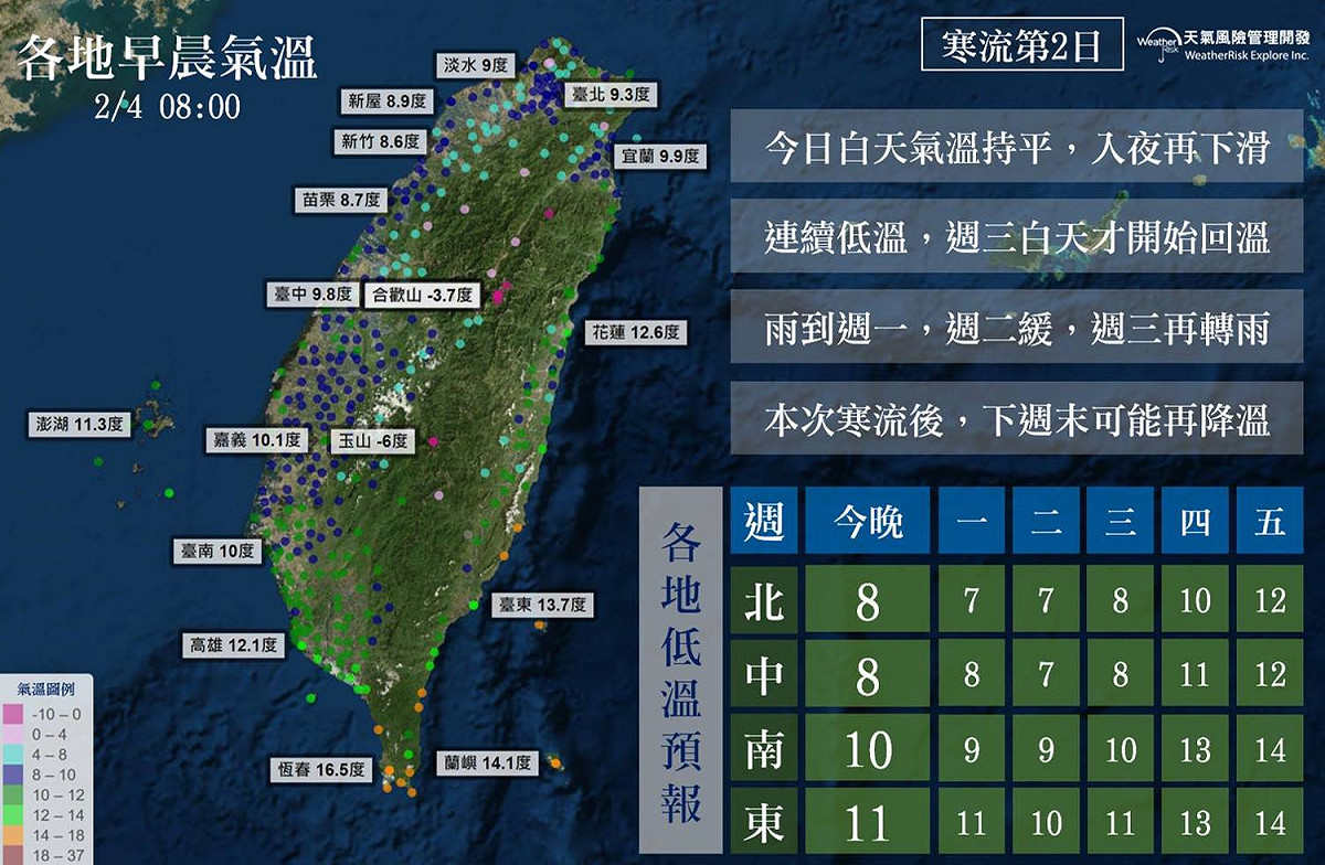 《天氣風險 WeatherRisk》預估，這波寒流將影響到週三清晨，最冷的時候在明晚至週二清晨下探7度，週三才有望回溫。 圖：《天氣風險 WeatherRisk》FB提供
