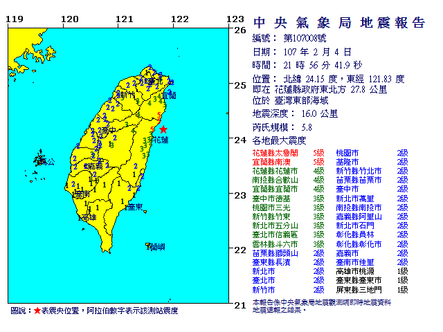 今日21:56發生第三起有感地震，芮氏規模5.8。 圖：中央氣象局