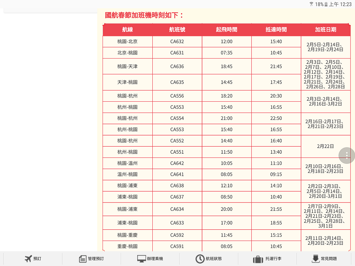 根據新華社記者來自國航重慶分公司相關負責人的消息稱，2月11日至15日，重慶到臺灣的航班將在原來每天1班的基礎上，再每天加開1班。

不過查詢國航台灣官網，加開日期是2月11日至14日，以及2月20日至23日，具體詳情有待國航正式對外公布。 圖：翻攝自國航台灣官網