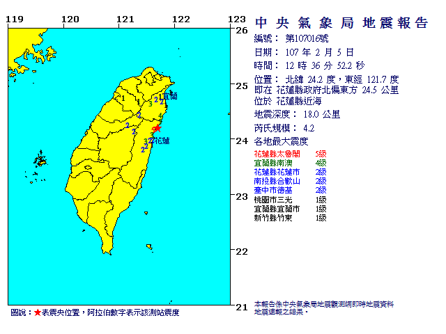 今天中午12:36於花蓮縣近海發生芮氏規模4.2地震。 圖：中央氣象局