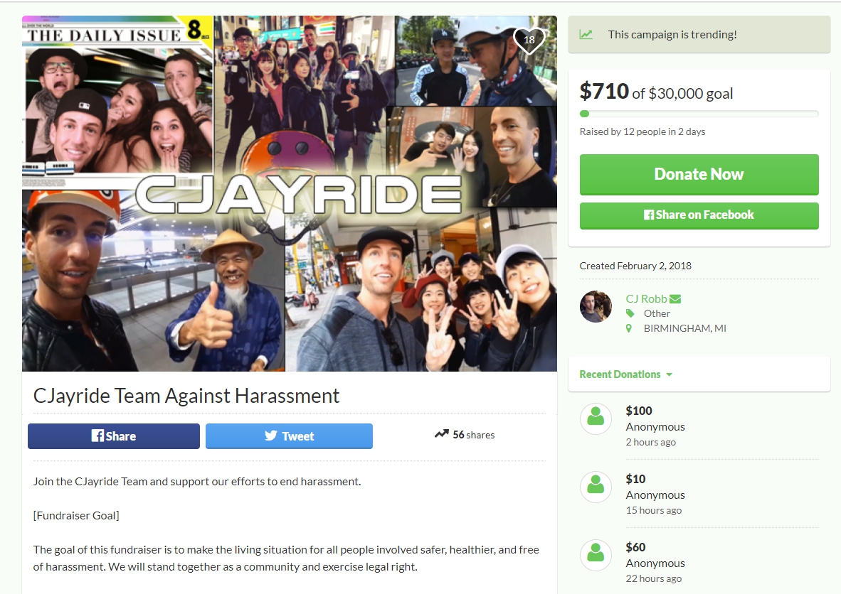 Cjayride於募資平台上的募款頁面。 圖：翻攝自GoFundMe