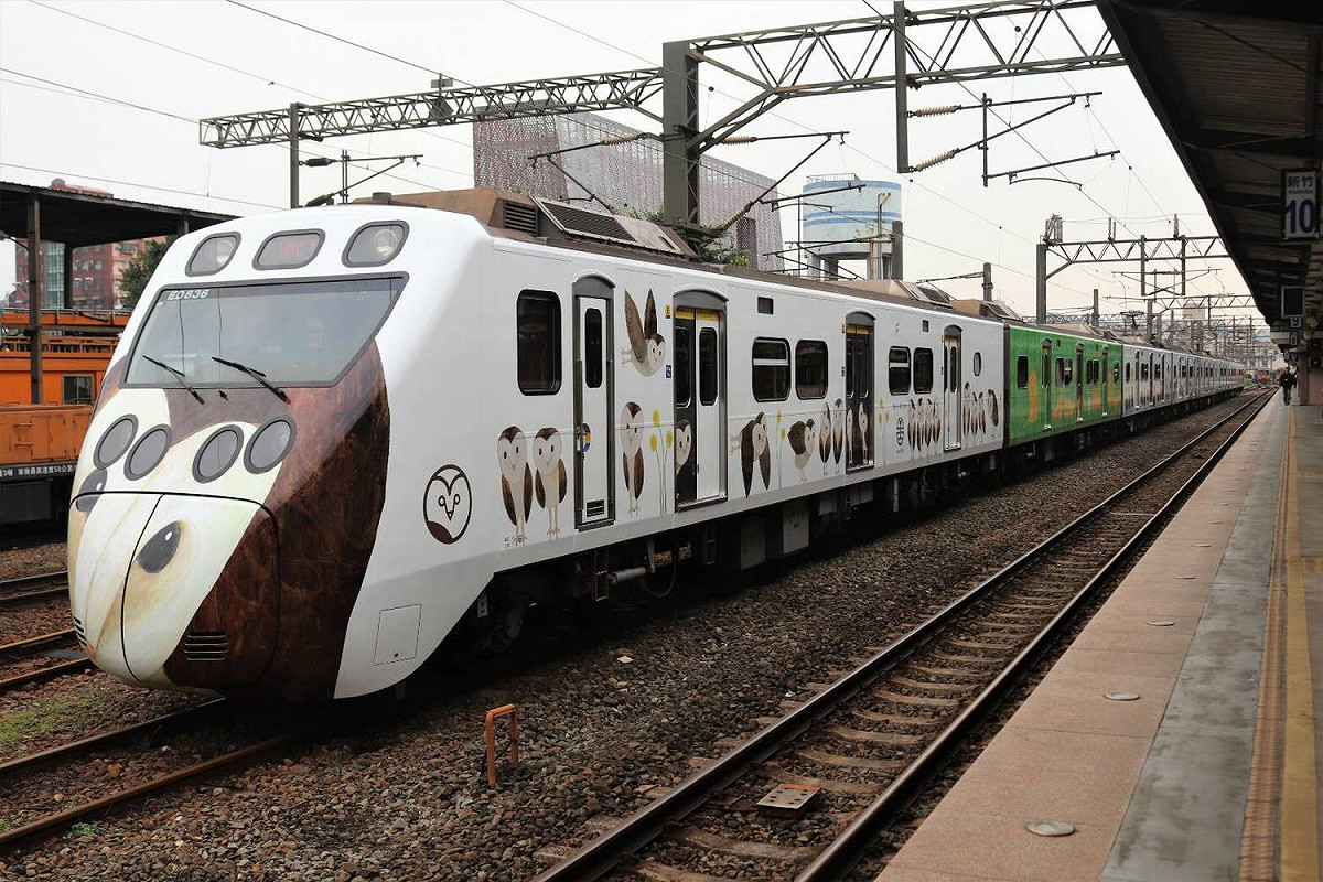 里山動物列車的車身彩繪有各式里山動物，包括草鴞、臺灣蛙類、彩鷸及穿山甲等8種棲息於淺山與農田生態系的里山動物。 圖：台鐵局曾秀忠提供