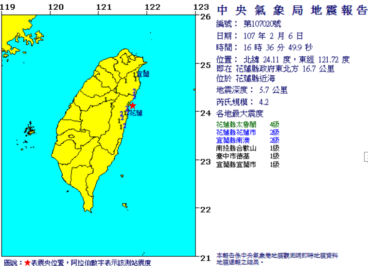 今天下午再16:36分於花蓮縣近海再發生芮氏規模4.2地震，地震深度5.7公里。 圖：中央氣象局提供