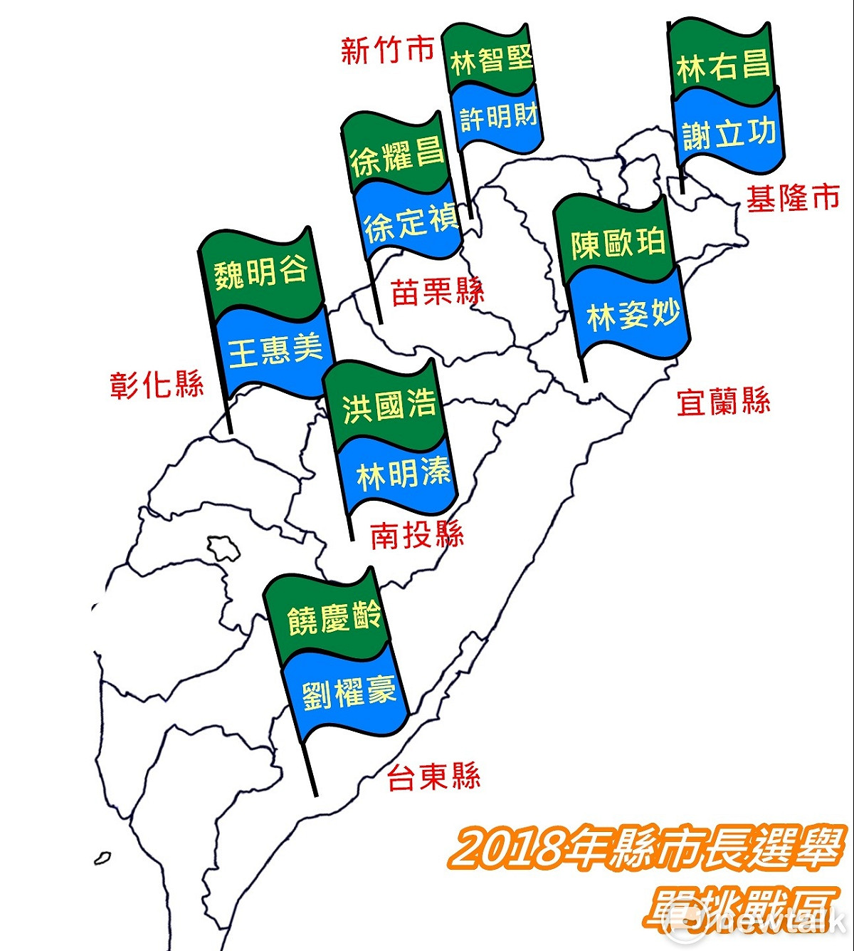 2018年底即將舉行九合一大選，目前各縣市的候選人已經磨拳擦掌，紛紛表態會投入選戰。有趣的是，在縣市長選舉中，有7個縣市確認參選的候選人僅有兩位，將上演捉隊廝殺的場面，相當有看頭。新頭殼團隊為您整理目前為「單挑戰」的選區。 圖：新頭殼製作